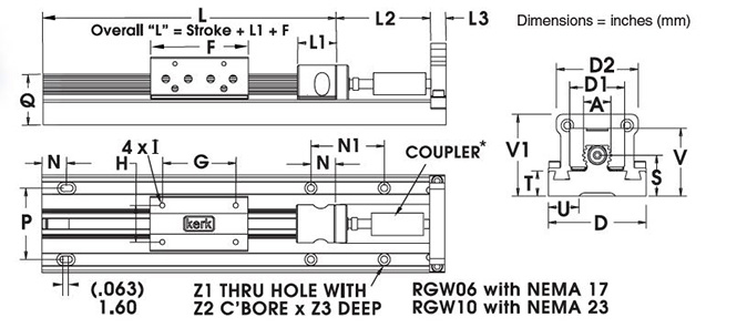 RGW06 Non-Motorized Rail with NEMA 17 Dimensional Drawing