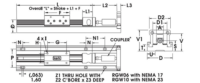 RGW06 Non-Motorized Rail with NEMA 23 Dimensional Drawing